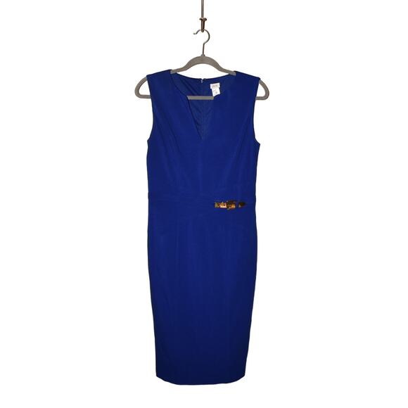 CACHE $188 Sleeveless V-Neck Midi Pencil Dress Buckle Accent Blue Size 10 - Picture 1 of 4